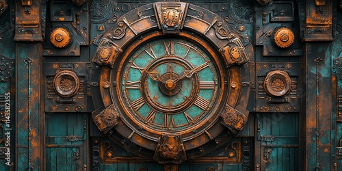 A decorative clock with a steampunk design, featuring intricate gears and a weathered finish.