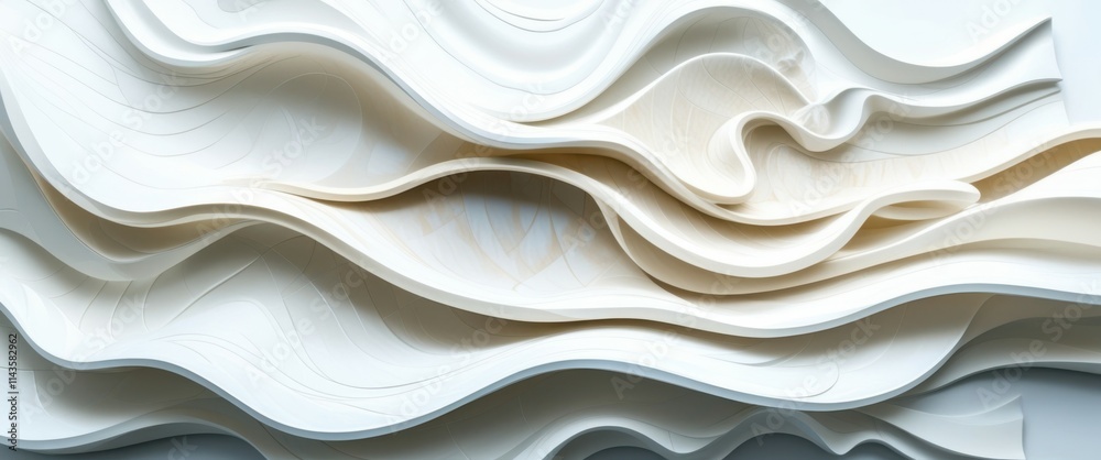 Abstract white waves, flowing curves, sculptural relief, 3D texture, organic shapes, smooth surfaces, undulating forms, minimalist design, architectural detail, light and shadow play, monochromatic pa Abstract white waves, flowing curves, sculptural relief, 3D texture, organic shapes, smooth surfaces, undulating forms, minimalist design, architectural detail, light and shadow play, monochromatic pa