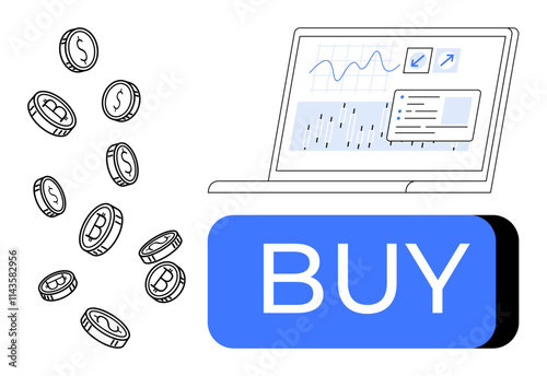 Digital currency coins falling beside a laptop showing market charts and graphs next to a prominent blue BUY button. Ideal for finance, cryptocurrency, market trends, e-commerce, investment, stock