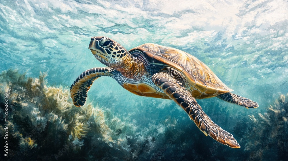 Fototapeta premium Sea Turtle Gracefully Navigating Underwater