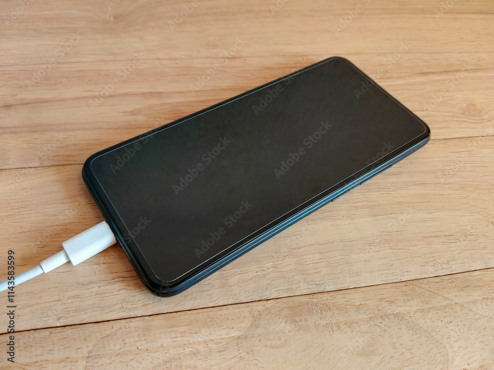 Mobile phone with cable on the wooden table. Mobile phone with cable on the wooden table.