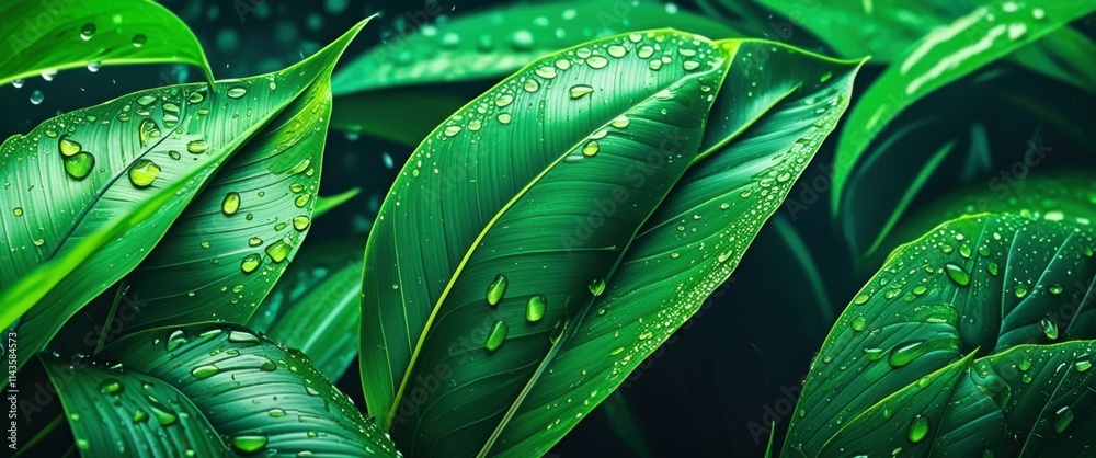 Obraz premium Lush green plant leaves, macro photography, water droplets, dew, vibrant emerald color, glossy foliage, tropical flora, high contrast, dark background, refreshing, nature close-up, botanical detail, h