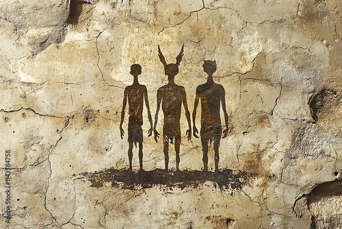 Three abstract figures depicted on a cracked wall, resembling ancient cave art. photo