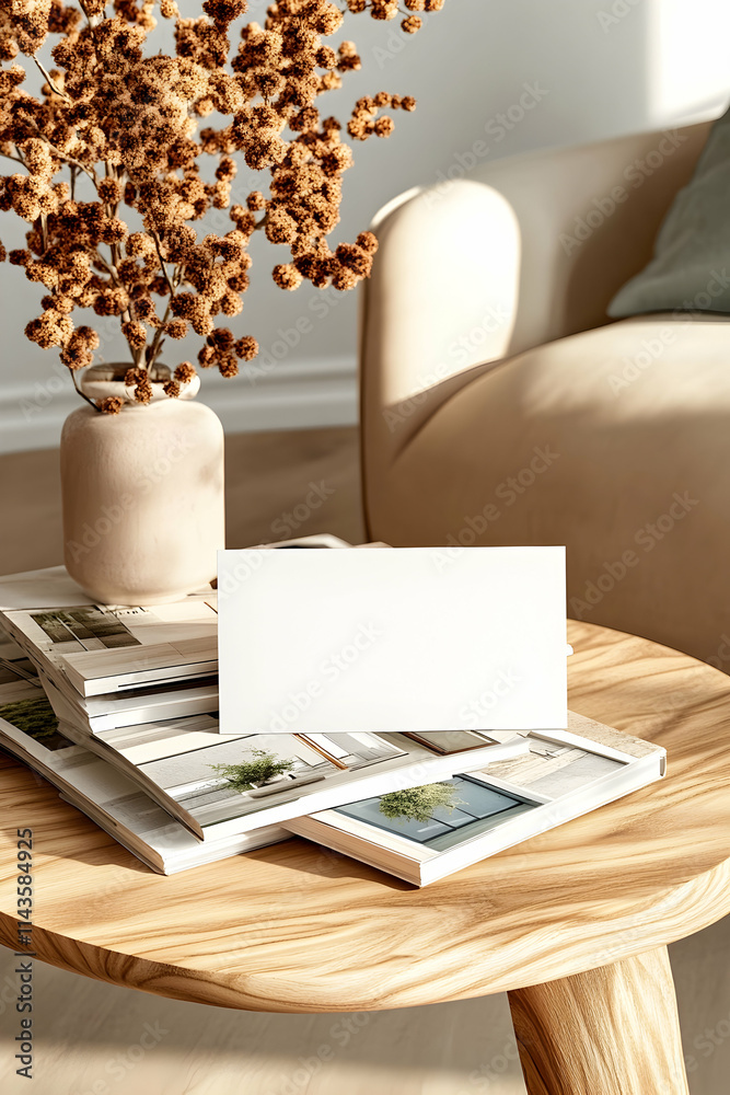 Obraz premium Blank card mockup on wooden table, magazines, beige couch, sunlight, home interior design, branding.