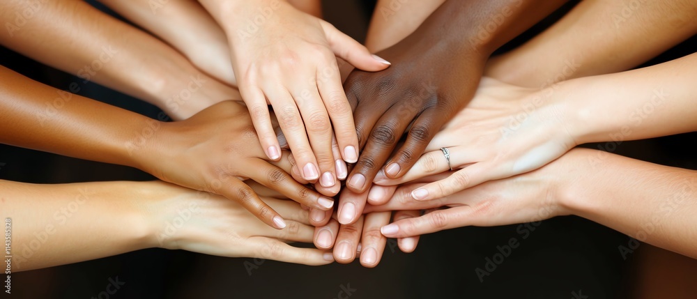 A diverse group of hands stacked together, showcasing togetherness and collaboration, with soft natural lighting enhancing the scene A diverse group of hands stacked together, showcasing togetherness and collaboration, with soft natural lighting enhancing the scene