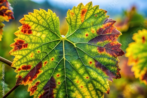 Downy Mildew on Grape Leaves: Panoramic Close-up of Plasmopara viticola Infection photo