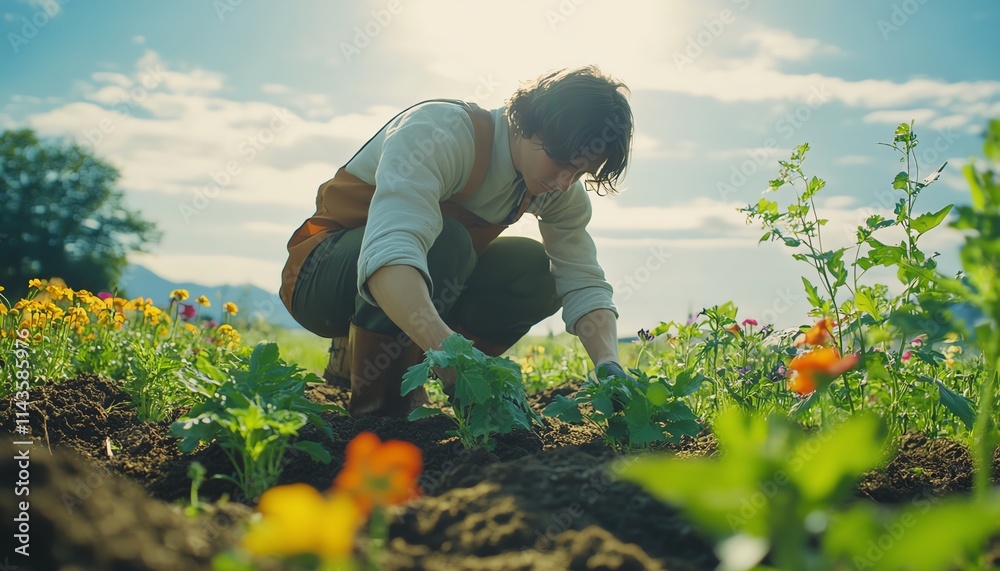 A gardener working in the soil, planting fresh greenery outdoors in a sunny garden, with nature and colorful flowers surrounding the peaceful environment A gardener working in the soil, planting fresh greenery outdoors in a sunny garden, with nature and colorful flowers surrounding the peaceful environment