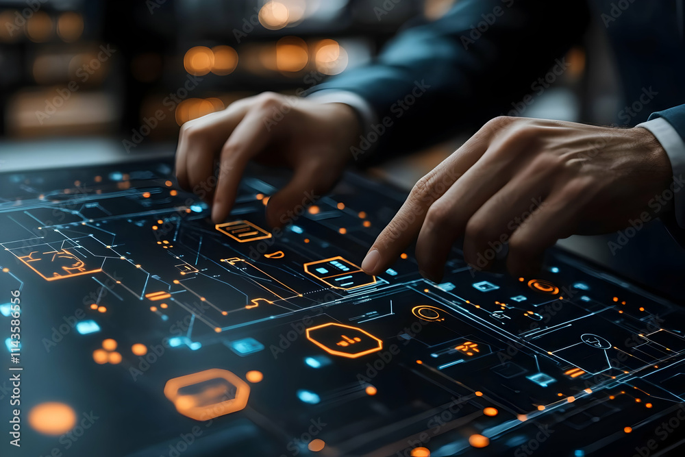 Close-up of hands using a futuristic touchscreen interface. Close-up of hands using a futuristic touchscreen interface.