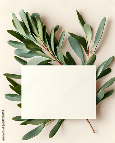 Blank card mockup with green leaves on beige background, flatlay, invitation design.