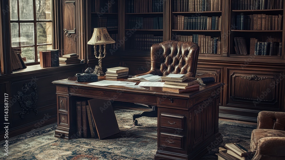 Classic Wooden Desk In A Library Study Classic Wooden Desk In A Library Study