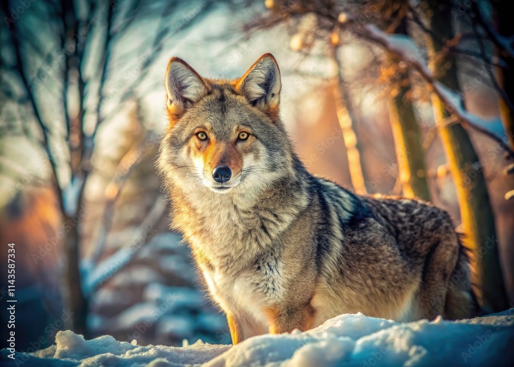 Fototapeta premium Vintage Winter Wonderland Coyote Photography: Snowy Scene, Wild Animal Portrait