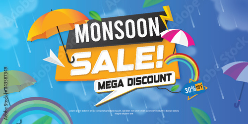 Flat horizontal sale banner template for monsoon season sale promo and discount