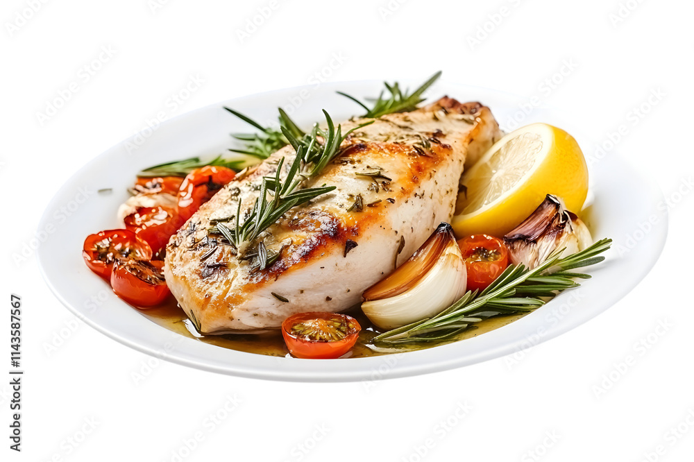 Delicious roasted turkey on white plate isolated on transparent background, cut out, PNG