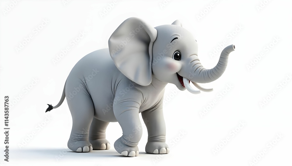 Obraz premium The image is a 3D rendering of a small elephant. The background is plain white, making the elephant stand out.