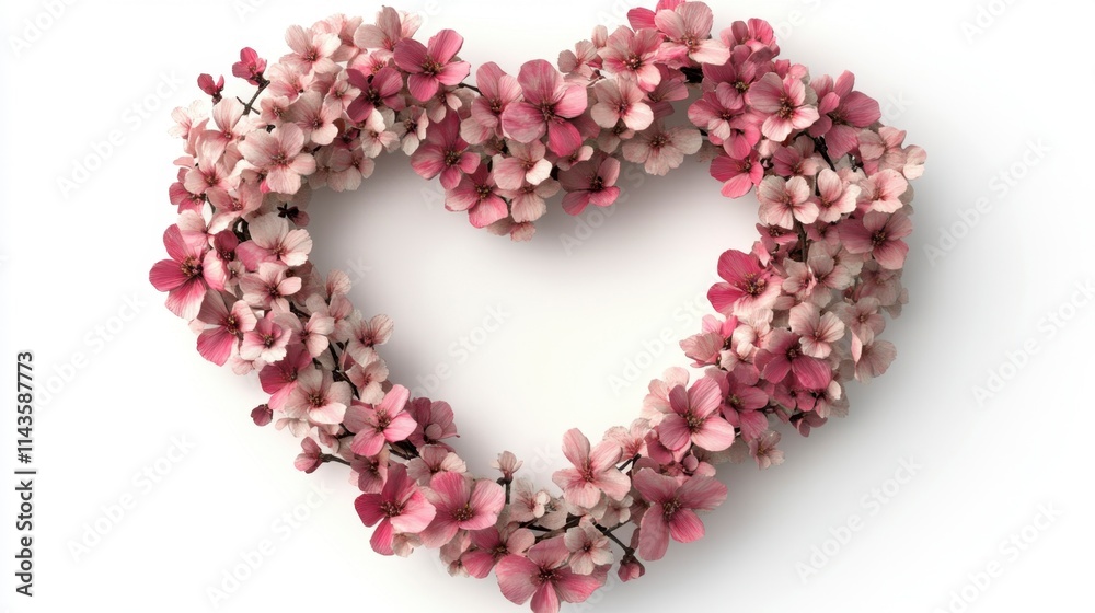 Pink Flower Heart Wreath, Romantic Spring Floral Design, Copy Space Pink Flower Heart Wreath, Romantic Spring Floral Design, Copy Space