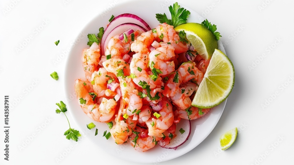 Fresh Shrimp Ceviche Appetizer on White Plate Fresh Shrimp Ceviche Appetizer on White Plate