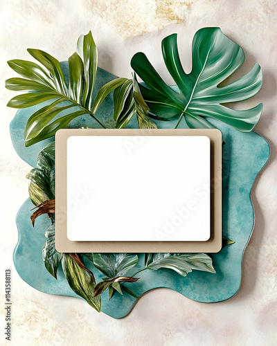 Blank Tropical Leaf Mockup,  Teal Marble Background,  Website Design,  Summer Branding. photo