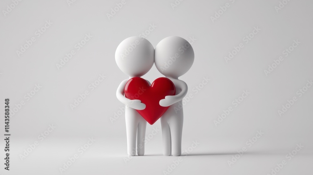 Two Smiling 3D Figures Holding a Red Heart, White Background, Love Concept Two Smiling 3D Figures Holding a Red Heart, White Background, Love Concept