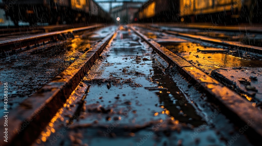 Rain falls on rusty train tracks reflecting lights Rain falls on rusty train tracks reflecting lights