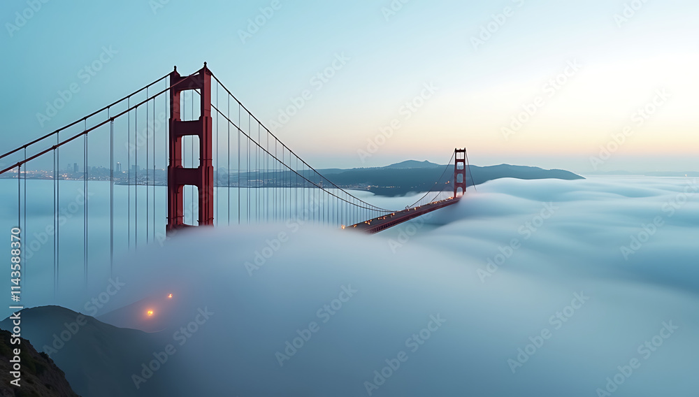 Fototapeta premium “Golden Gate Bridge in Fog” – A dramatic view of the Golden Gate Bridge partially covered in fog, with the red towers rising above a misty blue bay. 