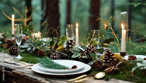 Elegant candlelit dinner table setting with pinecones and greenery in enchanted forest nature photography tranquil environment cozy viewpoint photo