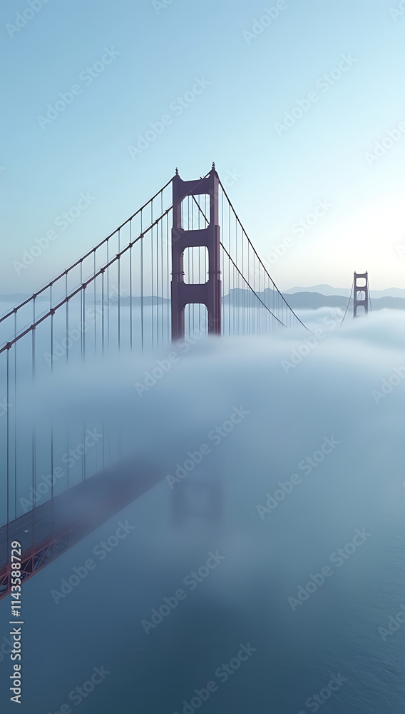 Fototapeta premium “Golden Gate Bridge in Fog” – A dramatic view of the Golden Gate Bridge partially covered in fog, with the red towers rising above a misty blue bay. 
