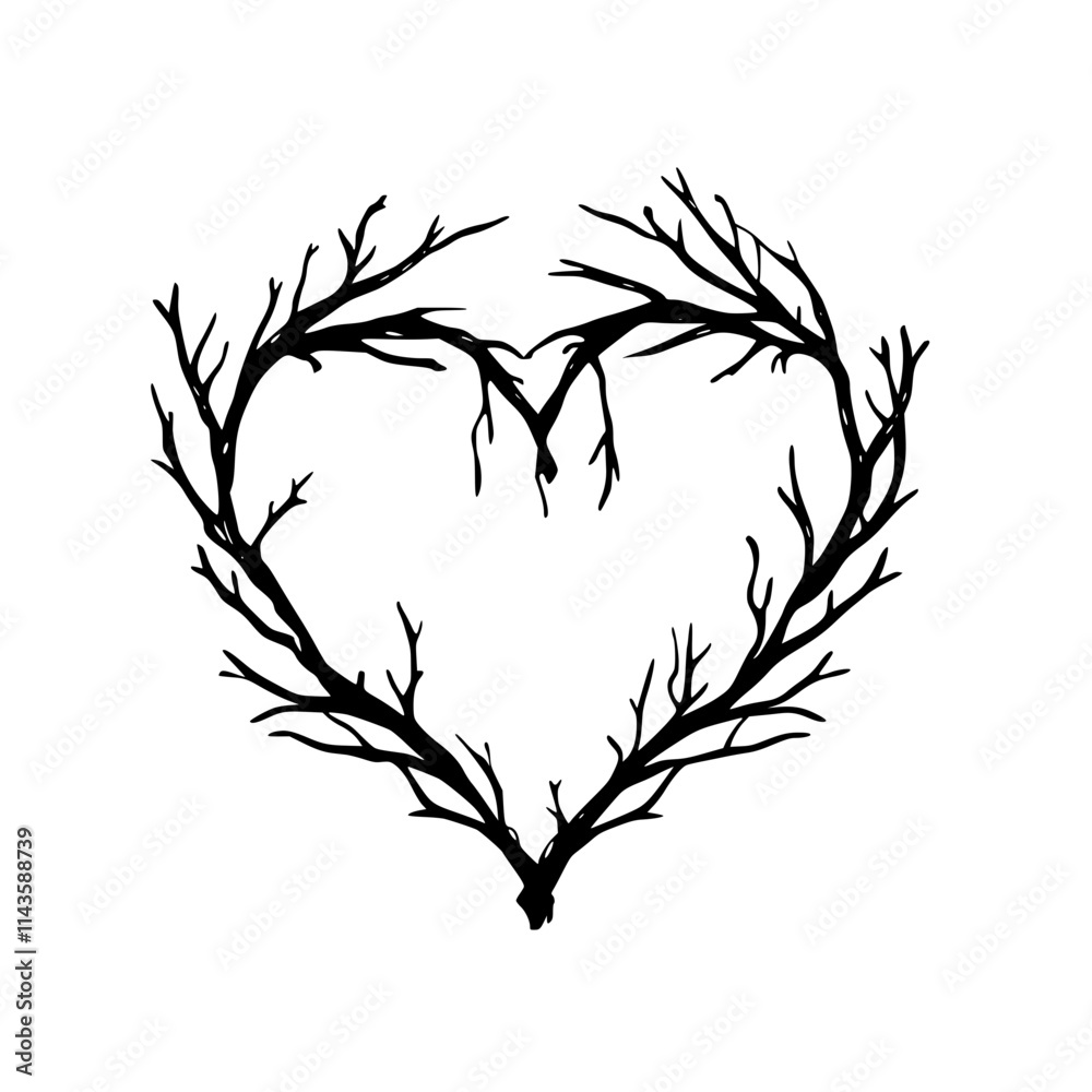 Obraz premium Heart-Shaped Branch Silhouette Design, Minimalist illustration of two branches forming a heart shape, symbolizing nature, love, and organic connections on a white background.