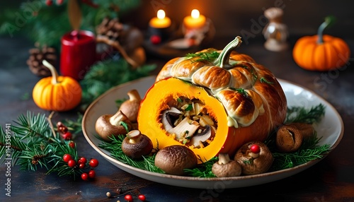 Thanksgiving feast preparation pumpkin dish cozy kitchen culinary art autumn setting close-up seasonal delicacies photo