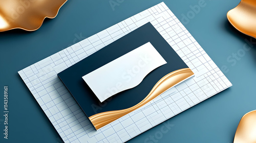 Gold Wave Business Card Mockup, Blue Background, Branding Design. photo