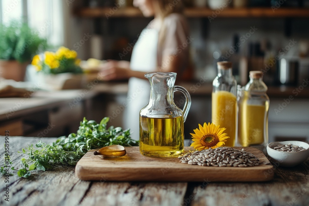 sunflower Oil in glass jar, sunflower seeds and sunflowers, both on wooden tray in kitchen, woman cooking in background , Generative AI sunflower Oil in glass jar, sunflower seeds and sunflowers, both on wooden tray in kitchen, woman cooking in background , Generative AI