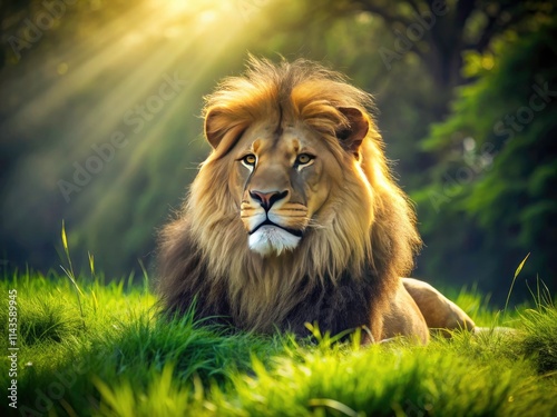 Geometric composition highlights the lion's majestic form, nestled in vibrant, verdant fields.