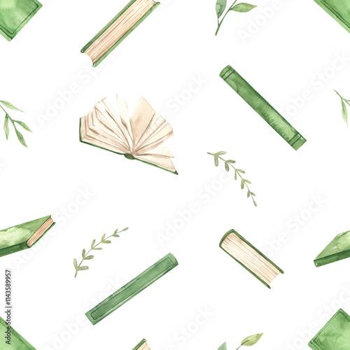 Watercolor seamless pattern with books, open, green, closed in random order, leaves for textures, prints, packaging