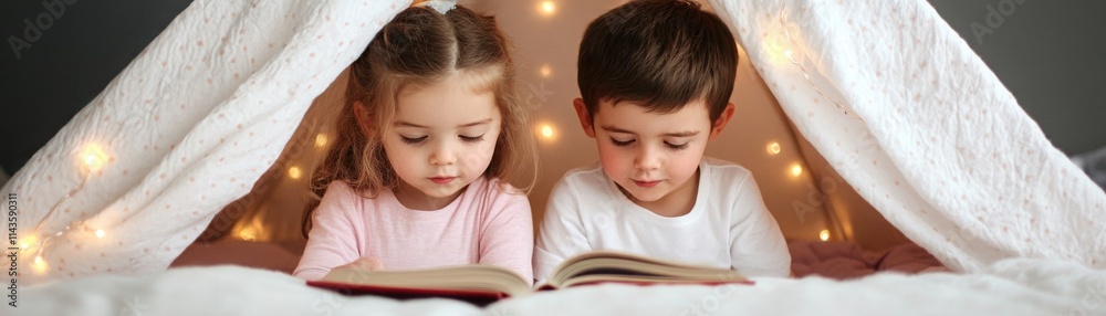 Cozy Indoor Reading Time for Children: Two Kids Engrossed in Books Under a Soft Blanket Fort with Twinkling Lights, Creating a Magical Atmosphere Cozy Indoor Reading Time for Children: Two Kids Engrossed in Books Under a Soft Blanket Fort with Twinkling Lights, Creating a Magical Atmosphere