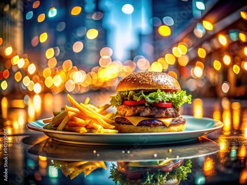 Hamburguesa Papas Fritas: Double exposure showcases gourmet burger artistry, fries, and restaurant ambiance.