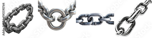 Closeup view of various rugged industrial grade metal chains links and circular connectors forming abstract geometric shapes and patterns  The metal hardware elements are textured corroded