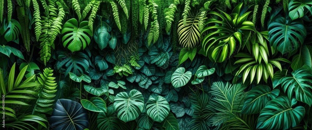 Lush tropical foliage, dense jungle undergrowth, vibrant green leaves, exotic plants, Monstera deliciosa, ferns, philodendron, dark moody atmosphere, rich botanical textures, rainforest flora, deep sh