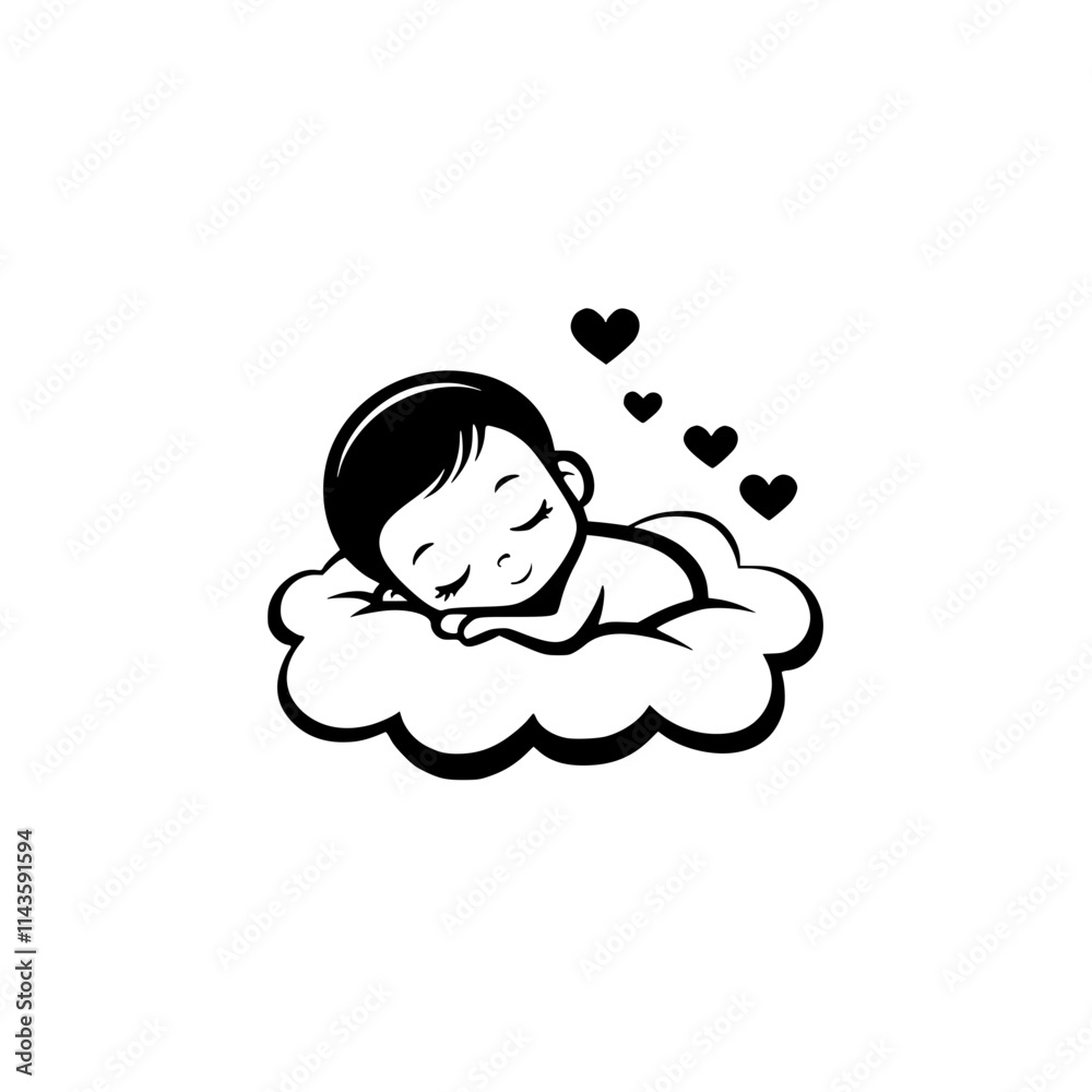 Cute Baby Resting on Cloud Illustration, Adorable minimalist black-and-white illustration of a baby peacefully sleeping on a cloud with a heart symbol below.
Cute Baby Resting on Cloud Illustration, Adorable minimalist black-and-white illustration of a baby peacefully sleeping on a cloud with a heart symbol below.