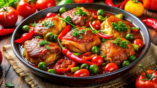 Juicy braised chicken thighs, slow-cooked with sweet peppers and ripe tomatoes, for a delicious and satisfying meal.