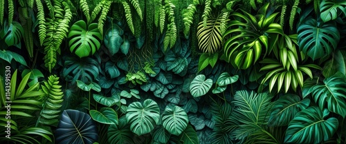 Wallpaper Mural Lush tropical foliage, dense jungle undergrowth, vibrant green leaves, exotic plants, Monstera deliciosa, ferns, philodendron, dark moody atmosphere, rich botanical textures, rainforest flora, deep sh Torontodigital.ca