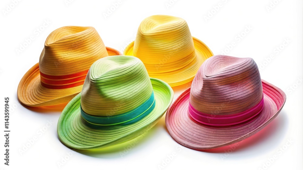 Long exposure captures a fashion accessory still life: a captivating array of hats on a clean white background. Long exposure captures a fashion accessory still life: a captivating array of hats on a clean white background.