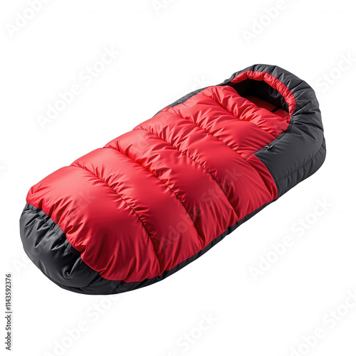 A bold, crimson sleeping bag with subtle gray accents, laid out flat on a sleek black transparent background, with a distinctive red stripe adding a pop of color to its rectangular shape photo