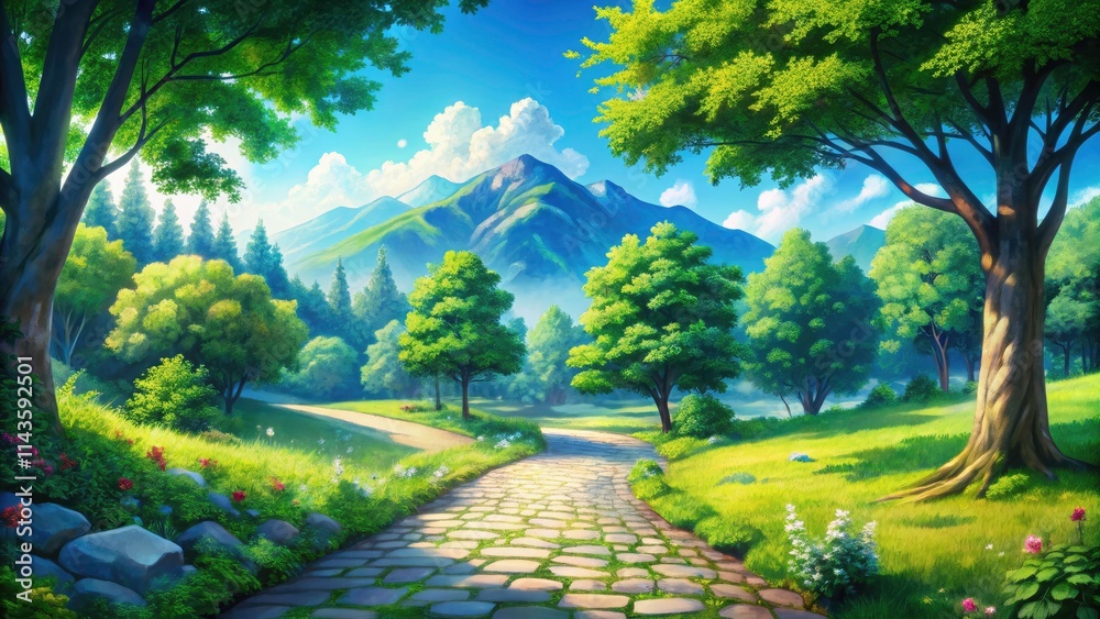 Obraz premium Lush woodland, cobblestone path, and a breathtaking mountain view create a tranquil anime summer scene.