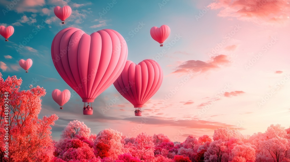 Obraz premium Heart-shaped hot air balloons float above a pink-hued landscape, creating a whimsical and romantic atmosphere.
