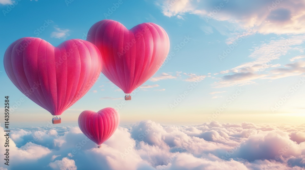 Fototapeta premium Three pink heart-shaped hot air balloons float above fluffy clouds against a bright blue sky, creating a whimsical and romantic atmosphere.