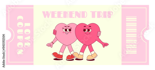 Love coupon with cute hearts characters in retro groovy style. A wish weekend trip. Valentines day, February 14 and other love holiday. Horizontal vector illustration