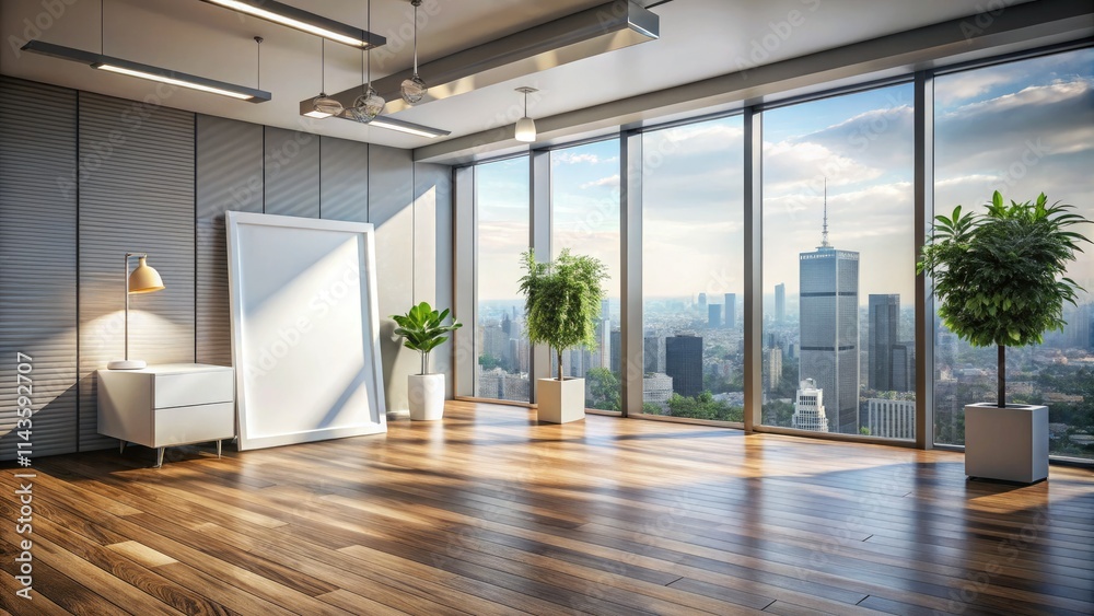 Obraz premium Modern office panoramic city bokeh, gray walls, wooden floors, daylight mockup poster.