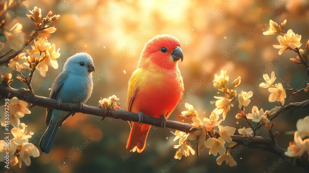Obraz premium Two parrots perched on flowering branch, sunset.