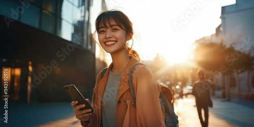 Capturing the essence of city life, a young Asian woman interacts with her smartphone.