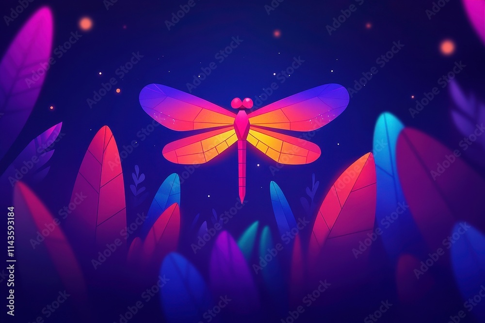 A vibrant, stylized illustration of a dragonfly surrounded by colorful foliage against a dark background, evoking a sense of whimsy and nature. A vibrant, stylized illustration of a dragonfly surrounded by colorful foliage against a dark background, evoking a sense of whimsy and nature.