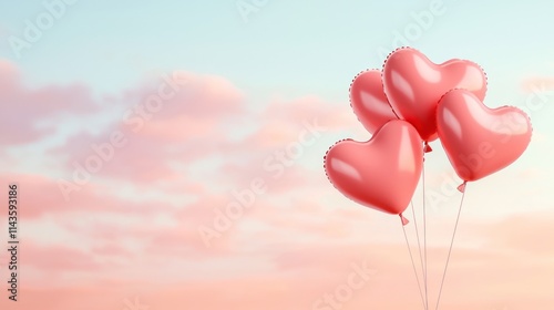 Four pink heart-shaped balloons float against a pastel sky, evoking feelings of love and joy.